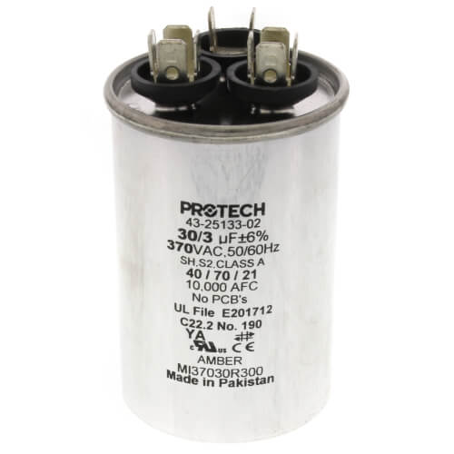 Rheem 43-25133-02 capacitor - front view (Voltage: 370V; MFD: 30/3)