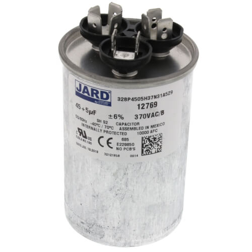 Rheem 43-25133-06 capacitor - front view (Voltage: 370V; MFD: 45/5)