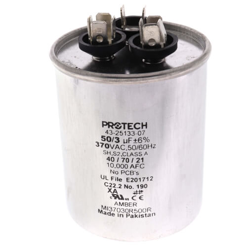 Rheem 43-25133-07 capacitor - front view (Voltage: 370V; MFD: 50/3)