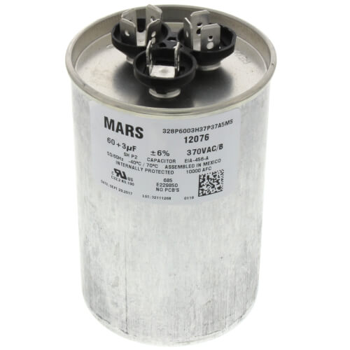 Rheem 43-25133-09 capacitor - front view (Voltage: 370V; MFD: 60/3)