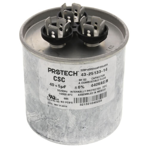 Rheem 43-25133-14 capacitor - front view (Voltage: 440v; MFD: 40/5)