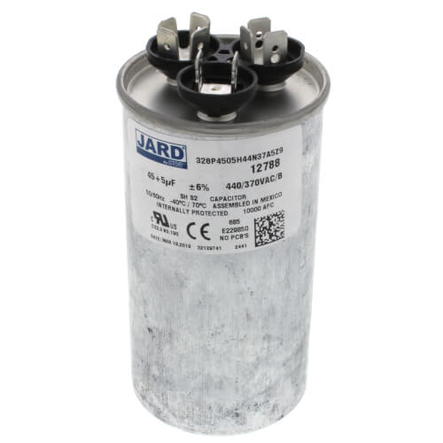 Rheem 43-25133-16 capacitor - front view (Voltage: 440v; MFD: 45/5)