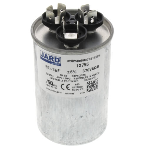Rheem 43-25133-25 capacitor - front view (Voltage: 370V; MFD: 50/5)