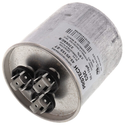 Rheem 43-25133-27 capacitor - detail view (Voltage: 370V; MFD: 50/10)