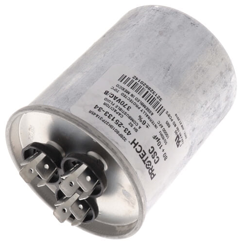Rheem 43-25133-34 capacitor - detail view (Voltage: 370V; MFD: 80/10)