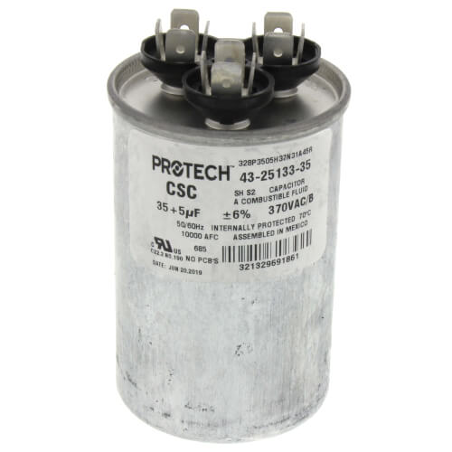 Rheem 43-25133-35 capacitor - front view (Voltage: 370V; MFD: 35/5)
