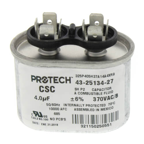 Rheem 43-25134-27 capacitor - front view (Voltage: 370V; MFD: 4)