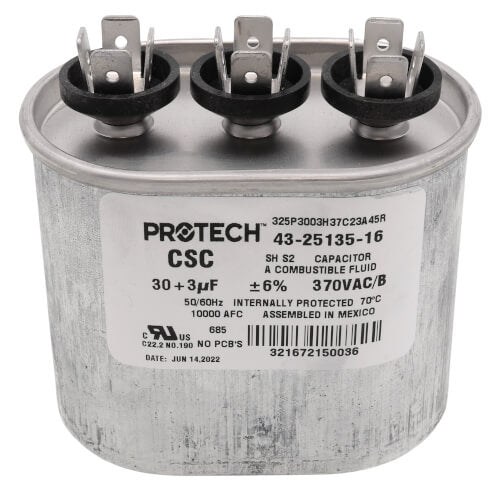 Rheem 43-25135-16 capacitor - front view (Voltage: 370V; MFD: 30/3)
