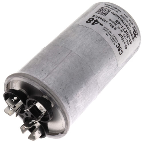 Rheem 43-26271-48 capacitor - detail view (Voltage: 370V; MFD: 45/10)
