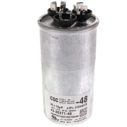 Rheem 43-26271-48 capacitor - front view (Voltage: 370V; MFD: 45/10)