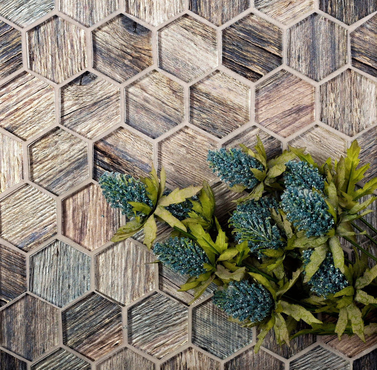 Apollo Tile (Sample) Brown, Blue 4-in x 4-in Glossy Glass Honeycomb Wood Look Wall Tile