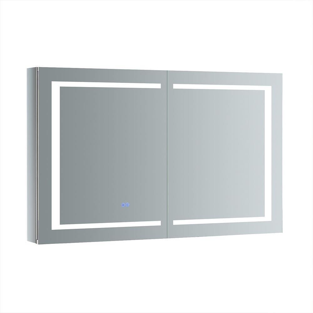 Fresca Spazio 48-in x 30-in Lighted LED Fog Free Surface/Recessed Mount LED Lighting Mirror Mirrored Soft Close Medicine Cabinet with Outlet