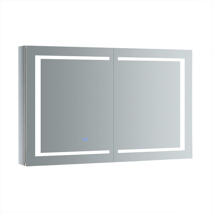 Fresca Spazio 48-in x 30-in Lighted LED Fog Free Surface/Recessed Mount LED Lighting Mirror Mirrored Soft Close Medicine Cabinet with Outlet