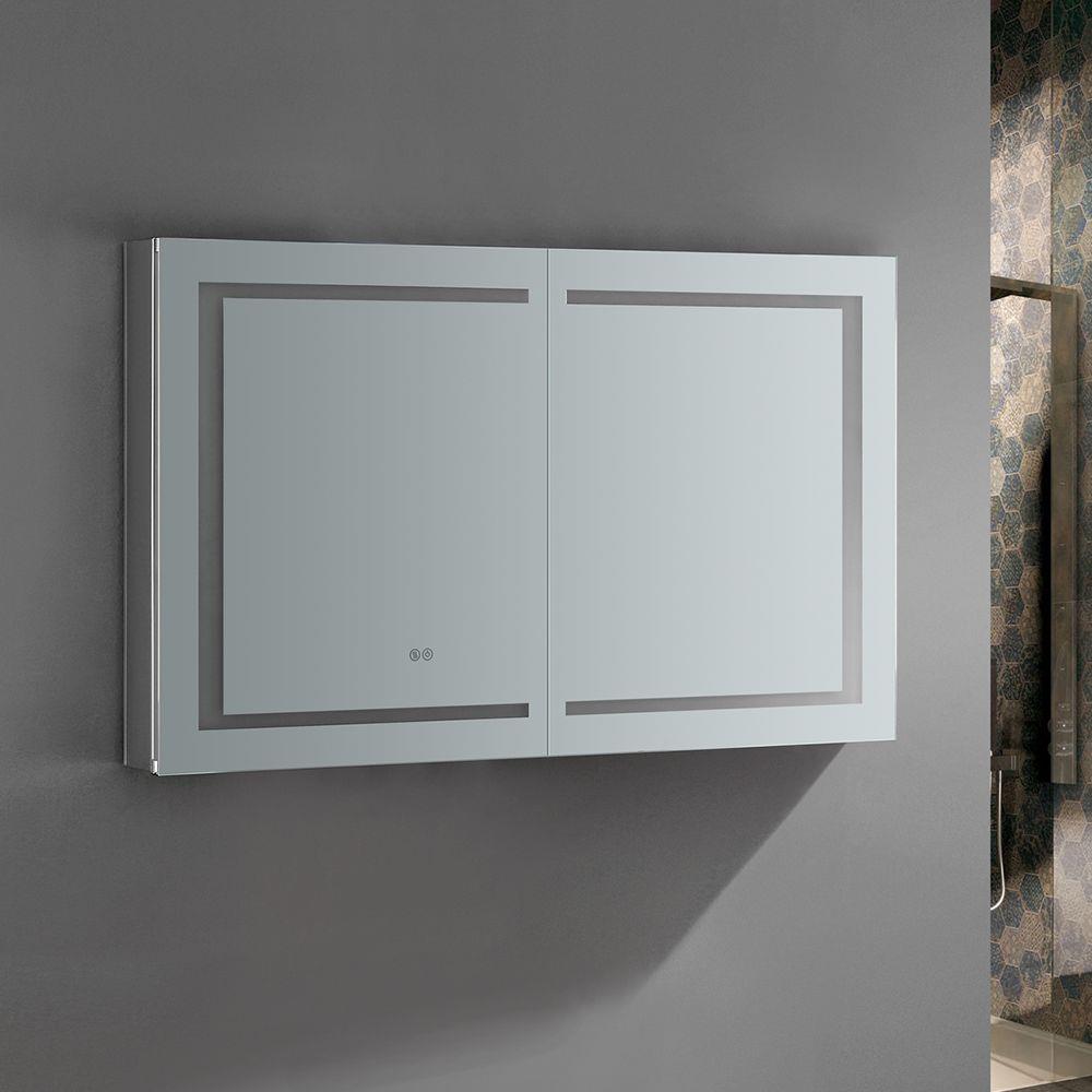 Fresca Spazio 48-in x 30-in Lighted LED Fog Free Surface/Recessed Mount LED Lighting Mirror Mirrored Soft Close Medicine Cabinet with Outlet