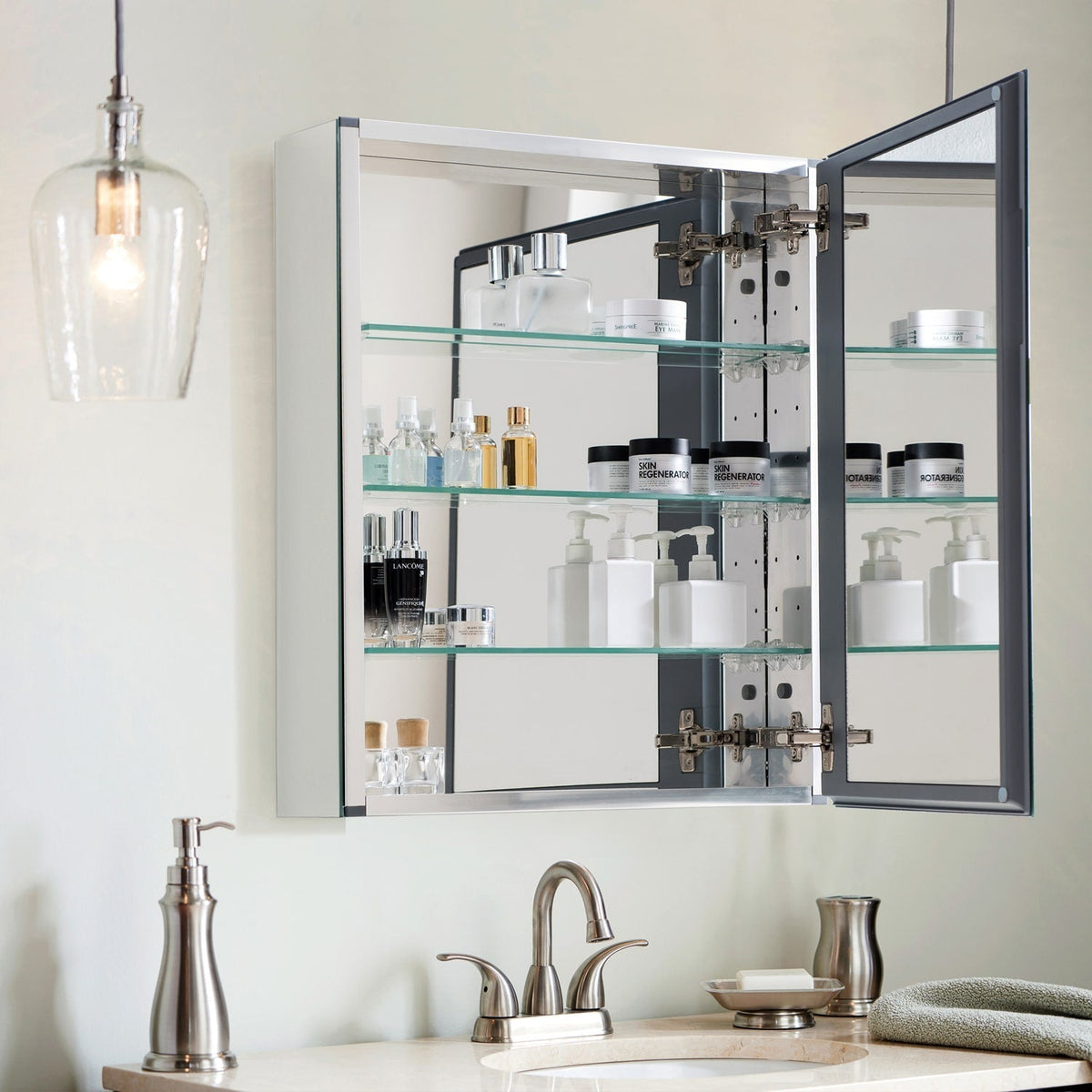 allen + roth 16-in x 20-in Fog Free Surface/Recessed Mount Silver Mirrored Soft Close Medicine Cabinet