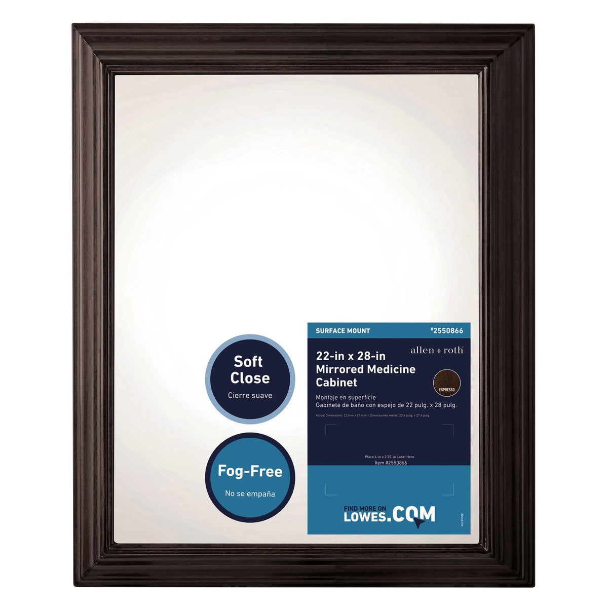 allen + roth 22.5-in x 27.5-in Fog Free Surface Mount Espresso Mirrored Soft Close Medicine Cabinet