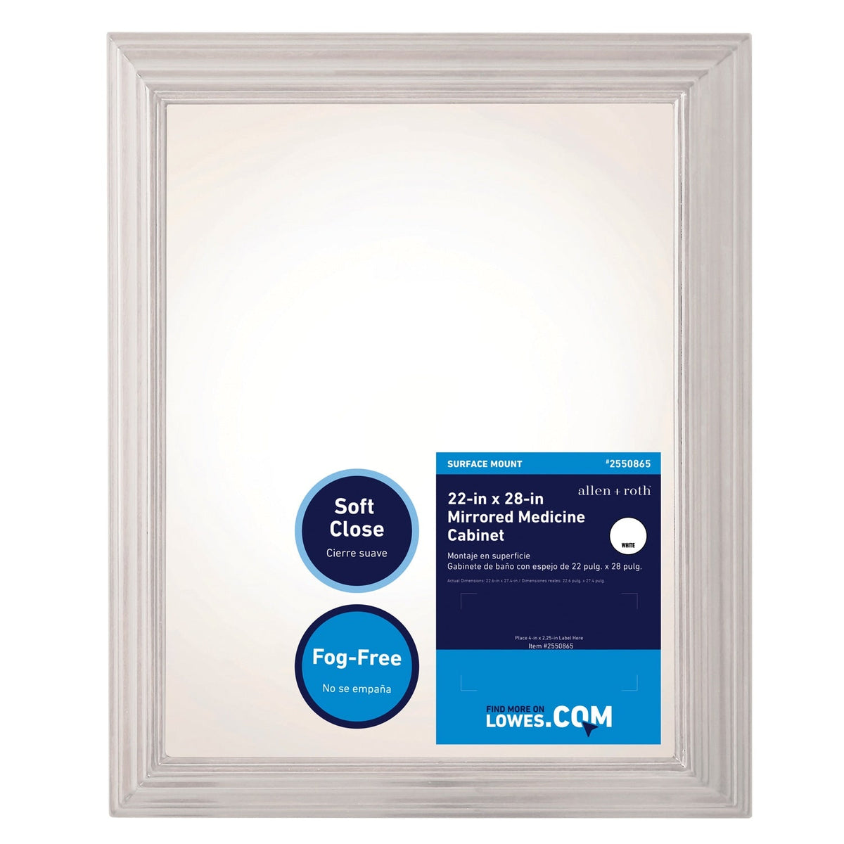 allen + roth 22.5-in x 27.5-in Fog Free Surface Mount White Mirrored Soft Close Medicine Cabinet
