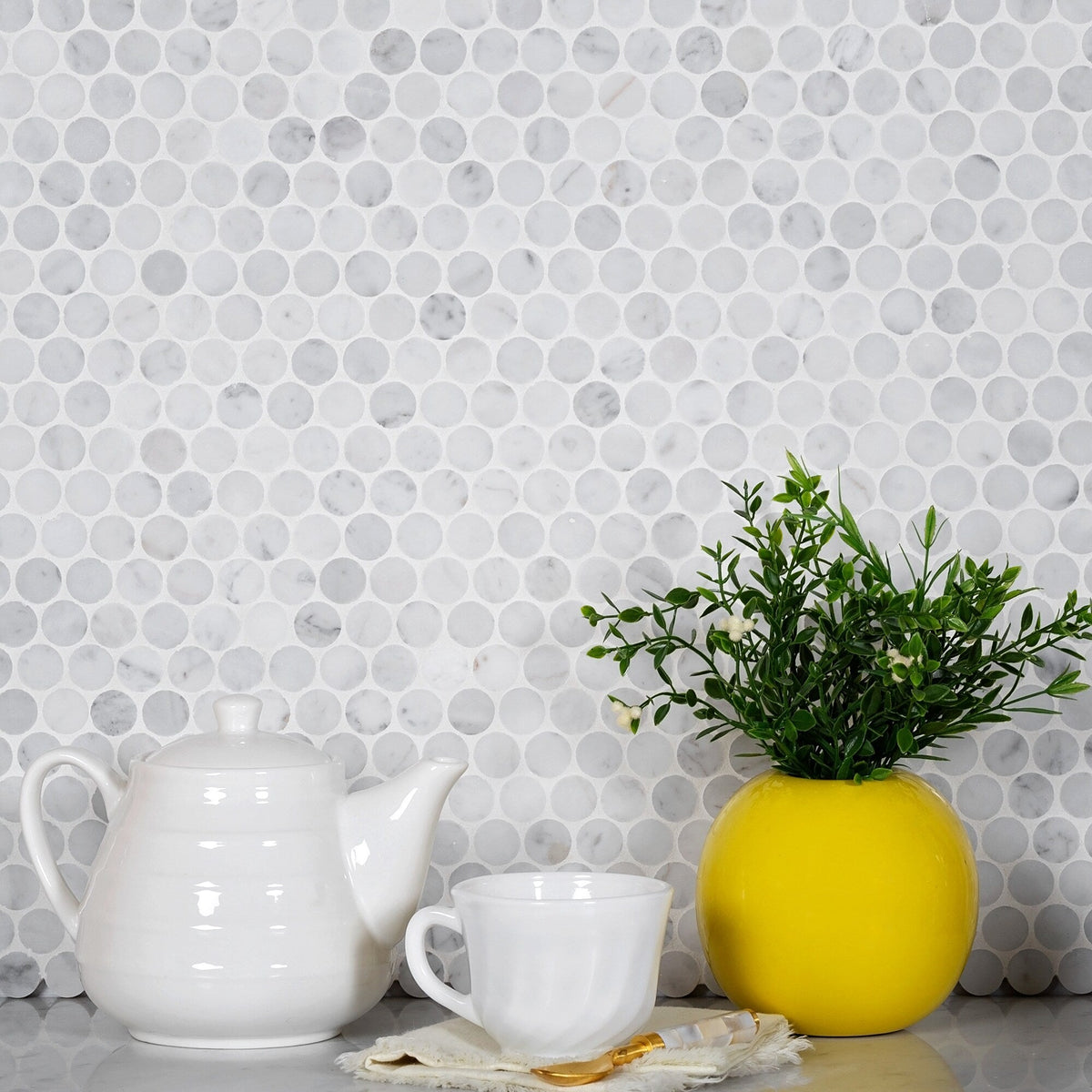 Apollo Tile White 11-in x 12-in Polished Natural Stone Marble Penny Round Marble Look Floor and Wall Tile (4.83-sq. ft/ Carton)