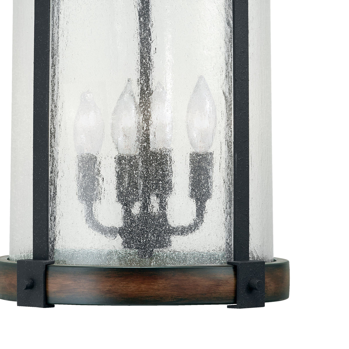 Kichler Barrington 4-Light Distressed Black and Wood Tone Rustic Seeded Glass Cylinder Medium Hanging Pendant Light