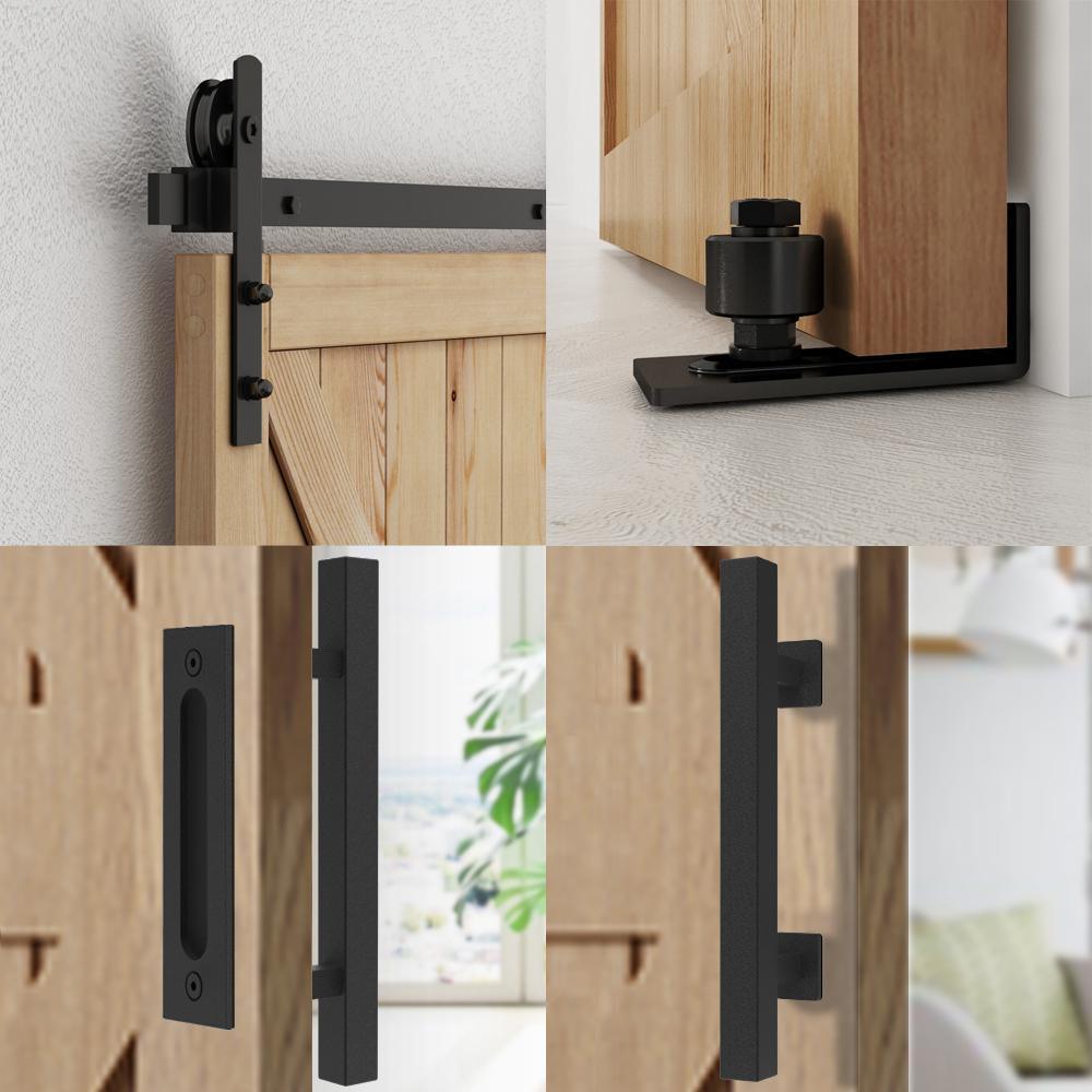 5 ft./60 in. Black Steel Straight Strap Sliding Barn Door Track and Hardware Kit with 12 in. Square Handle & Floor Guide - Super Arbor