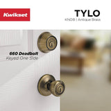 Tylo Antique Brass Entry Door Knob and Single Cylinder Deadbolt Combo Pack with Microban Antimicrobial Technology - Super Arbor