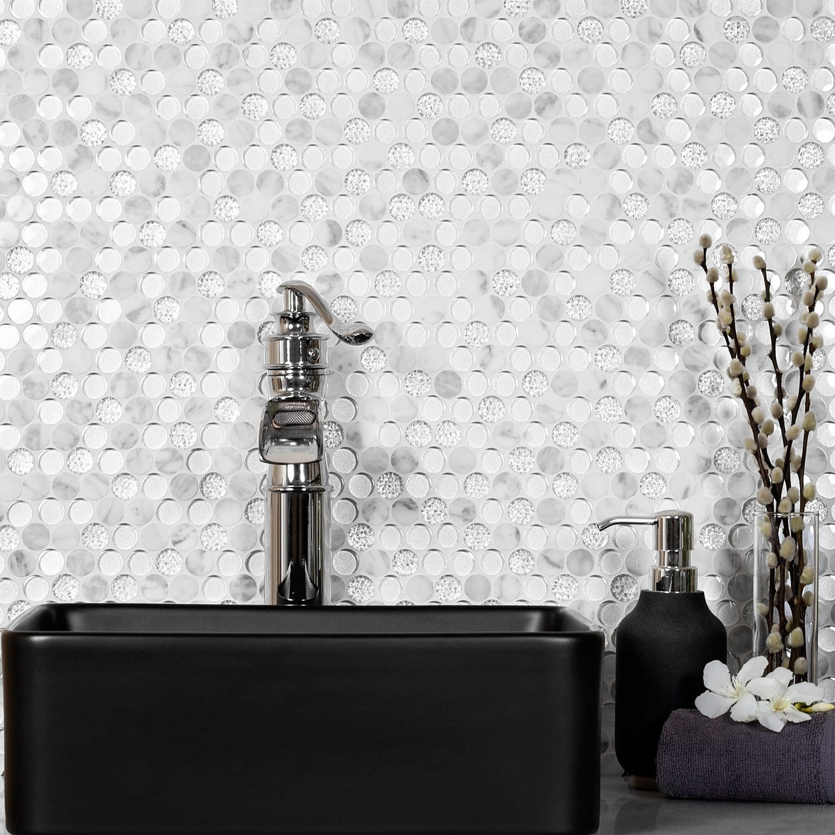 Apollo Tile White 12-in x 12-in Polished Glass; Stone Marble Penny Round Stone Look Floor and Wall Tile (4.83-sq. ft/ Carton)