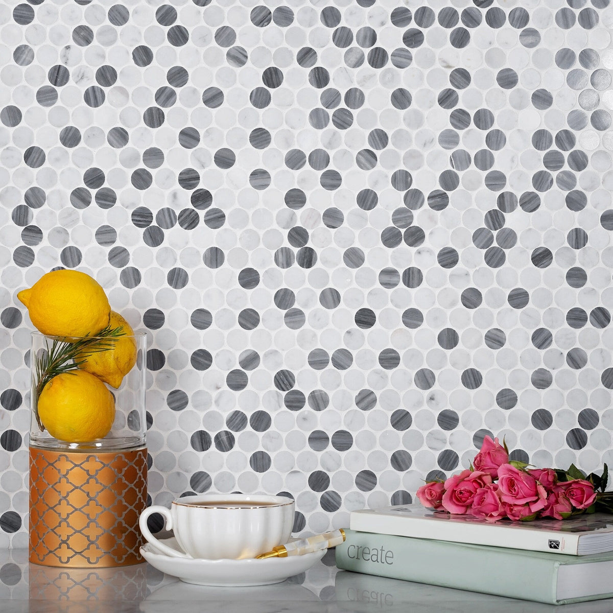 Apollo Tile (Sample) Gray, White 4-in x 4-in Polished Marble Penny Round Patterned Floor and Wall Tile
