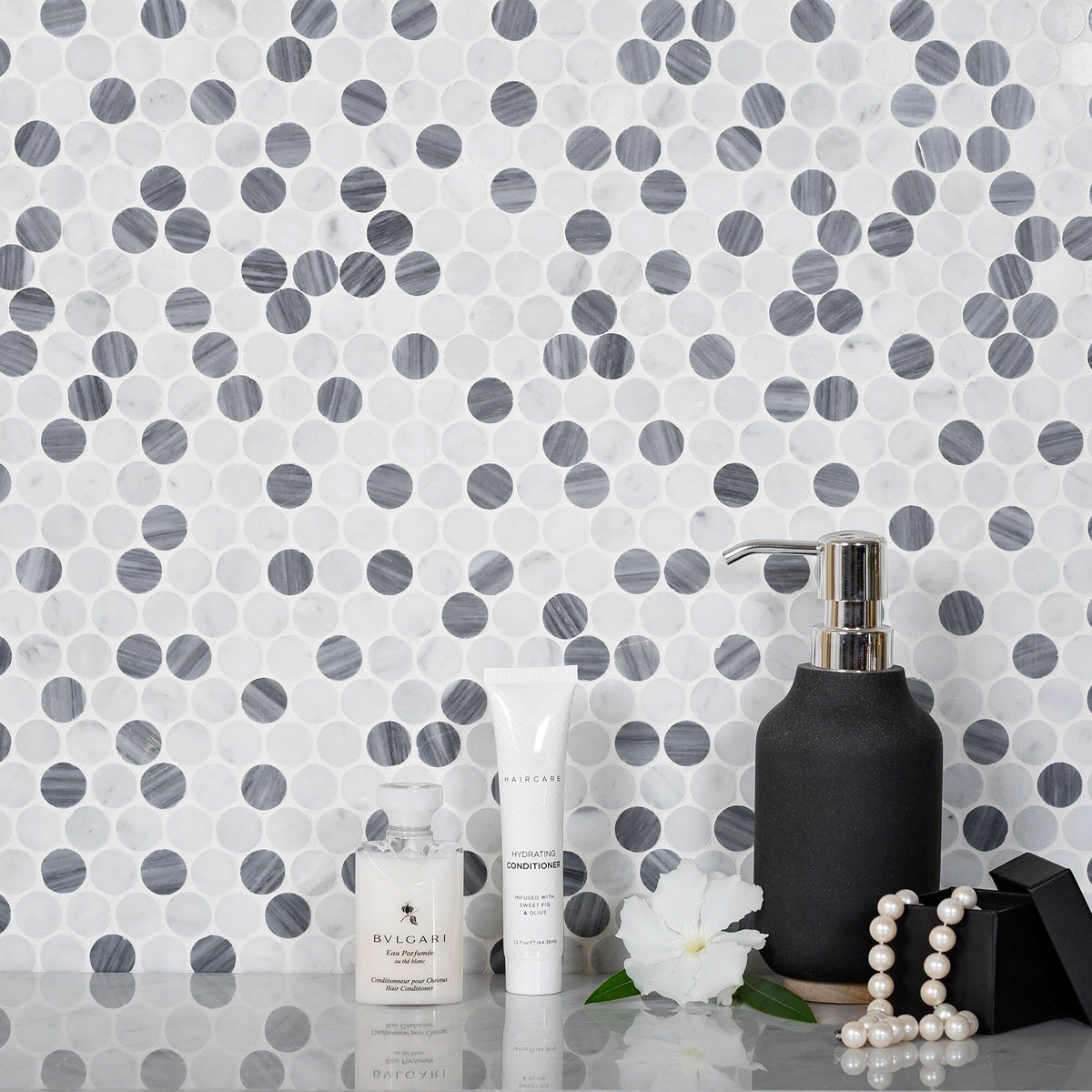 Apollo Tile (Sample) Gray, White 4-in x 4-in Polished Marble Penny Round Patterned Floor and Wall Tile