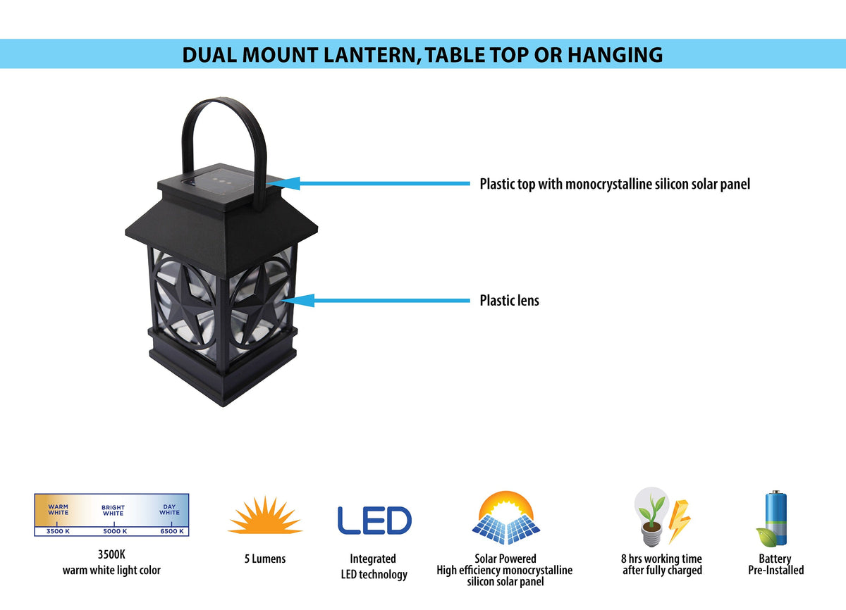 Portfolio 7.2-in Texas Star Solar Lantern Light, Black Plastic, 4.84-in W