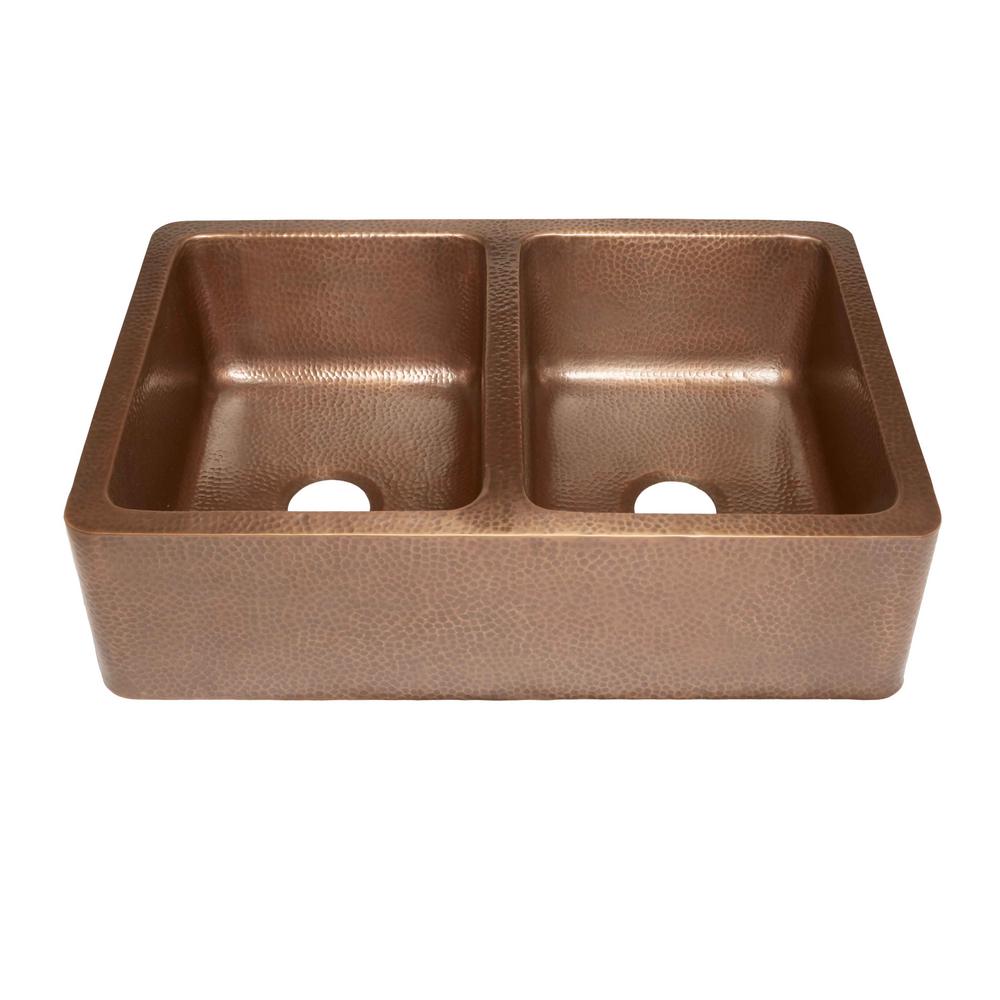 Rockwell Farmhouse Apron-Front Copper All-In-One 33 in. Double Bowl 50/50 Kitchen Sink with Pfister Faucet and Drains