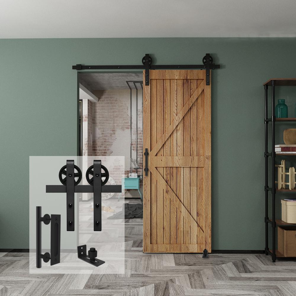 6 ft./72 in. Black Steel Bent Strap Sliding Barn Door Track and Hardware Kit with 12 in. Cylinder Handle and Floor Guide - Super Arbor