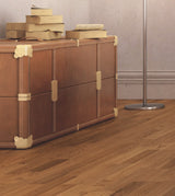 allen + roth European white oak Amber is an Oak wood floor with brown, a wire brushed texture, and a low-gloss finish that highlights the wood’s natural variation hardwood flooring — color and finish detail