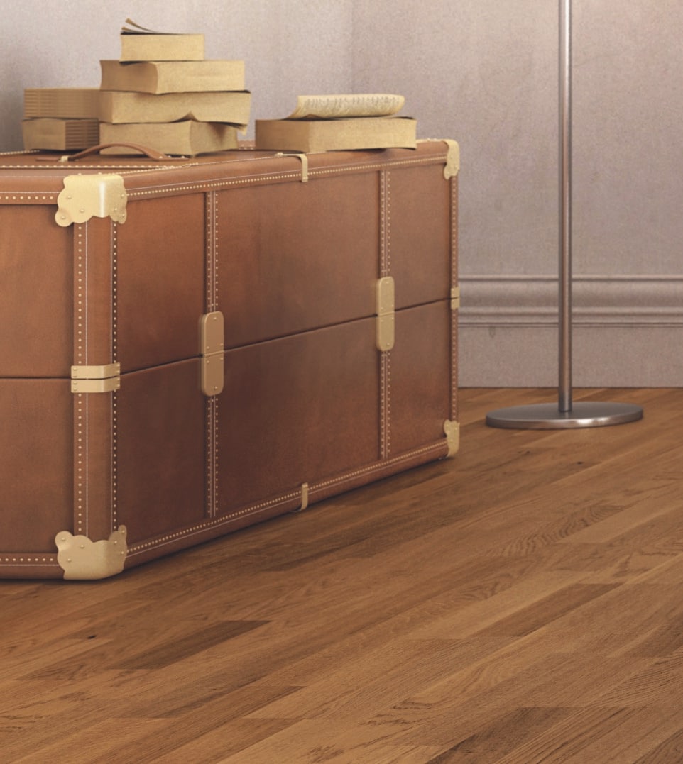 allen + roth European white oak Amber is an Oak wood floor with brown, a wire brushed texture, and a low-gloss finish that highlights the wood’s natural variation hardwood flooring — color and finish detail
