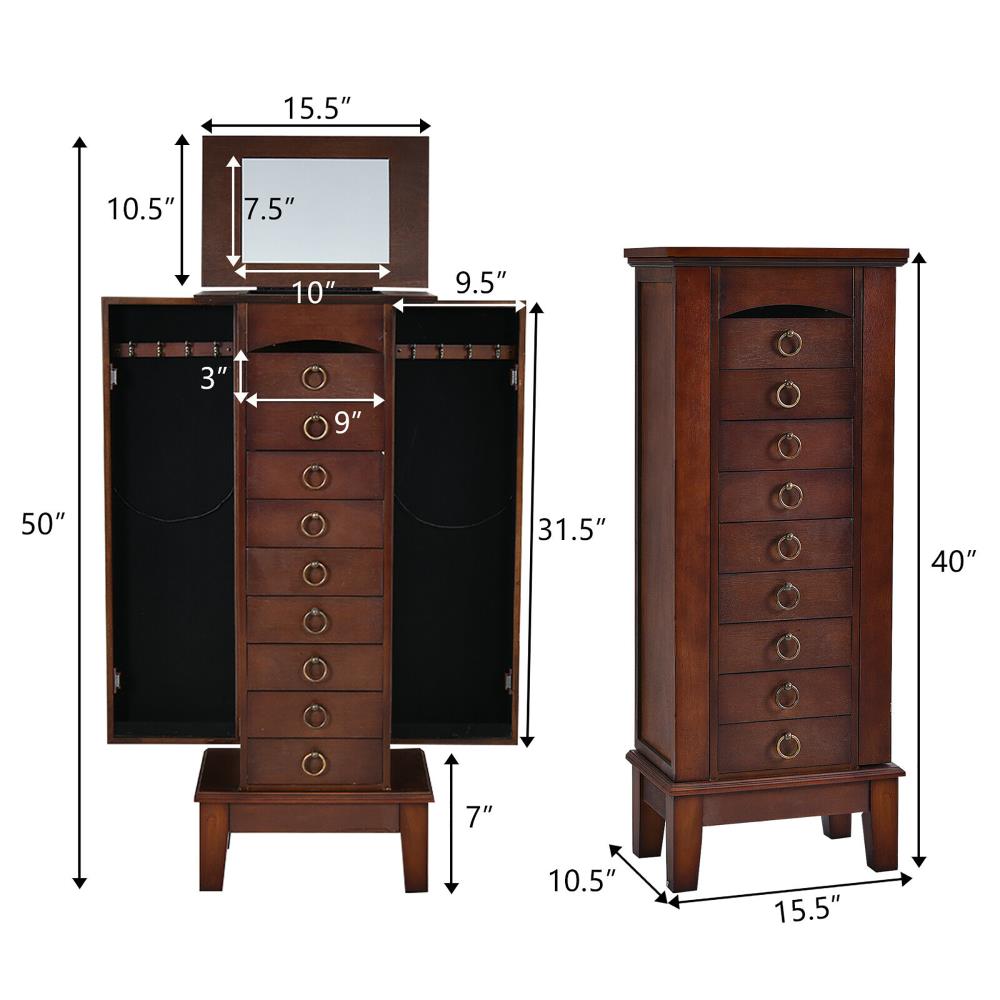 Costway Contemporary Walnut Jewelry Armoire with 9 Drawers and Partitioned Storage, Freestanding Floor Cabinet with Mirror