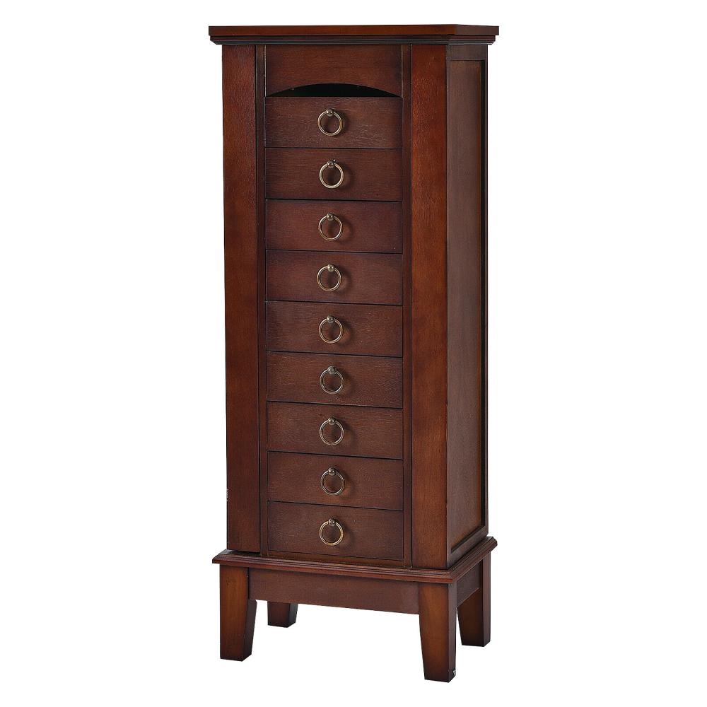 Costway Contemporary Walnut Jewelry Armoire with 9 Drawers and Partitioned Storage, Freestanding Floor Cabinet with Mirror