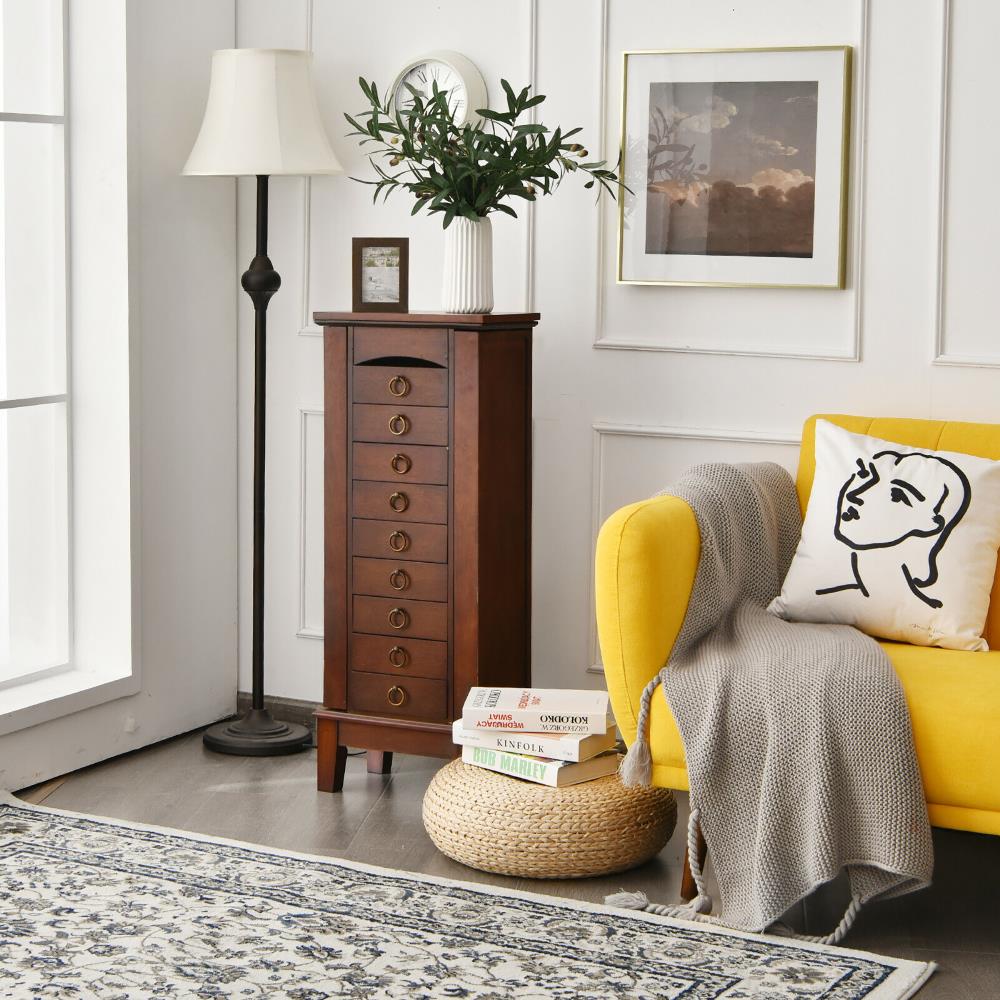 Costway Contemporary Walnut Jewelry Armoire with 9 Drawers and Partitioned Storage, Freestanding Floor Cabinet with Mirror