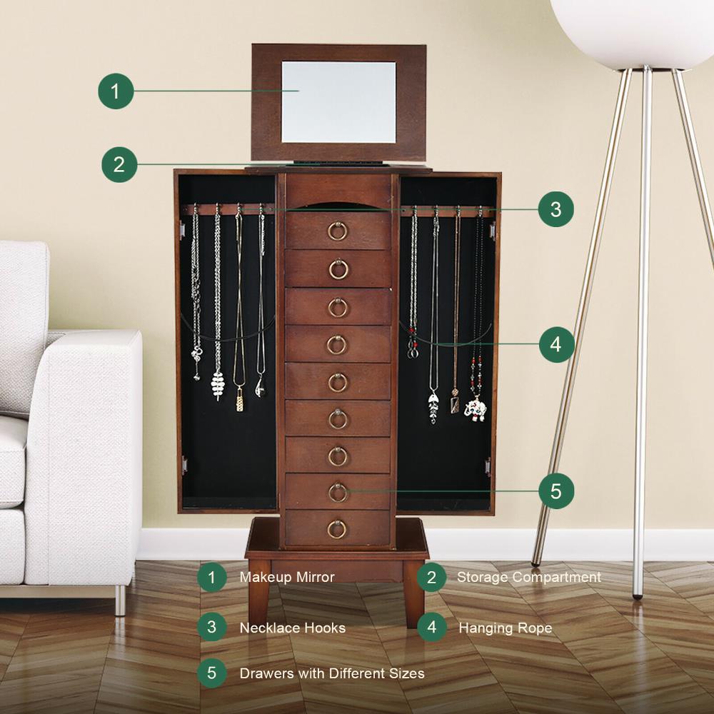 Costway Contemporary Walnut Jewelry Armoire with 9 Drawers and Partitioned Storage, Freestanding Floor Cabinet with Mirror