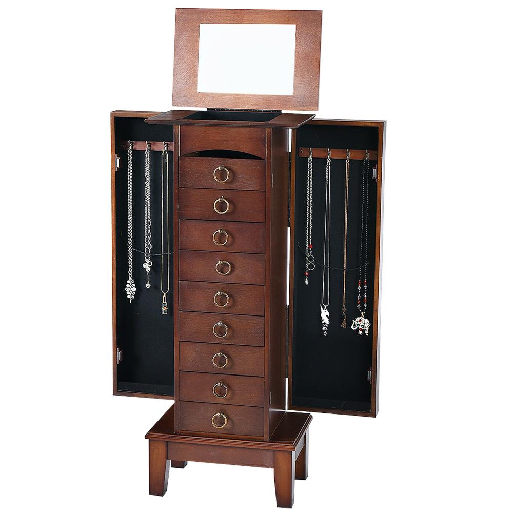 Costway Contemporary Walnut Jewelry Armoire with 9 Drawers and Partitioned Storage, Freestanding Floor Cabinet with Mirror