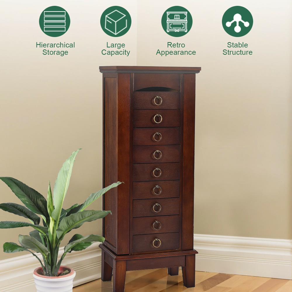 Costway Contemporary Walnut Jewelry Armoire with 9 Drawers and Partitioned Storage, Freestanding Floor Cabinet with Mirror