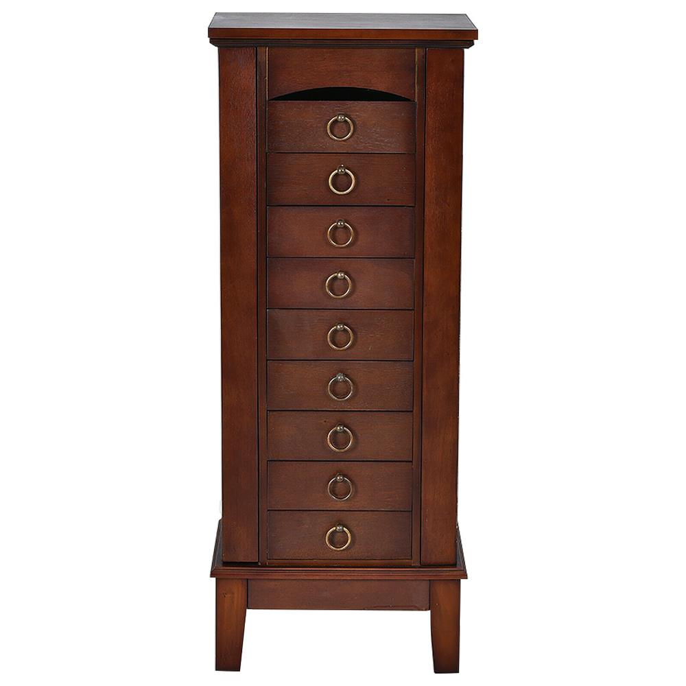 Costway Contemporary Walnut Jewelry Armoire with 9 Drawers and Partitioned Storage, Freestanding Floor Cabinet with Mirror