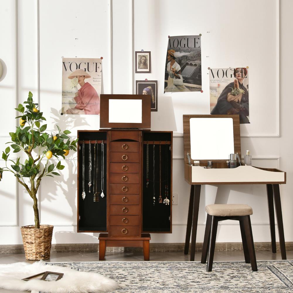 Costway Contemporary Walnut Jewelry Armoire with 9 Drawers and Partitioned Storage, Freestanding Floor Cabinet with Mirror