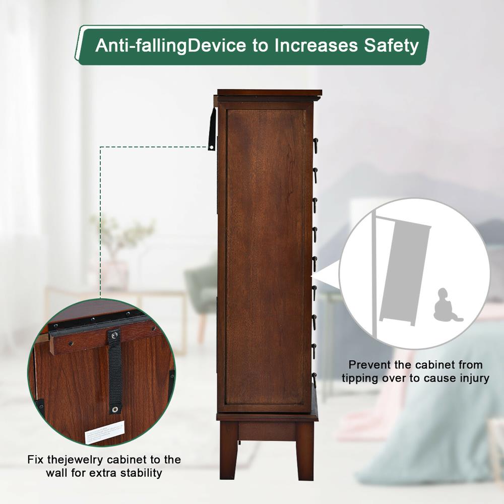 Costway Contemporary Walnut Jewelry Armoire with 9 Drawers and Partitioned Storage, Freestanding Floor Cabinet with Mirror