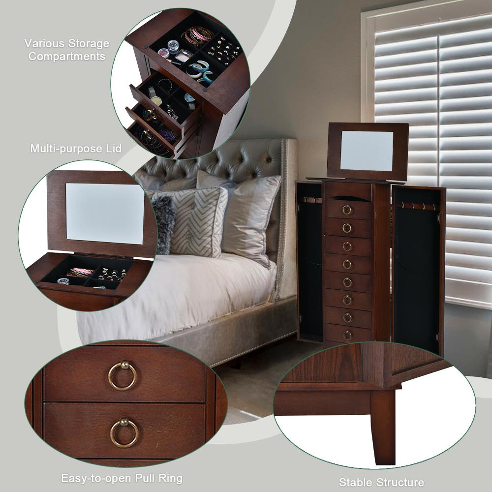 Costway Contemporary Walnut Jewelry Armoire with 9 Drawers and Partitioned Storage, Freestanding Floor Cabinet with Mirror