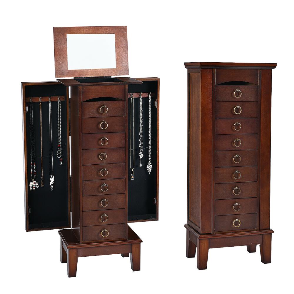 Costway Contemporary Walnut Jewelry Armoire with 9 Drawers and Partitioned Storage, Freestanding Floor Cabinet with Mirror