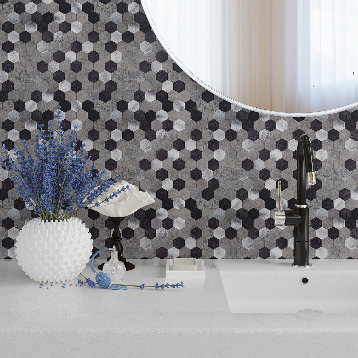 Apollo Tile (Sample) Silver 4-in x 4-in Brushed Metal Honeycomb Peel and Stick Wall Tile