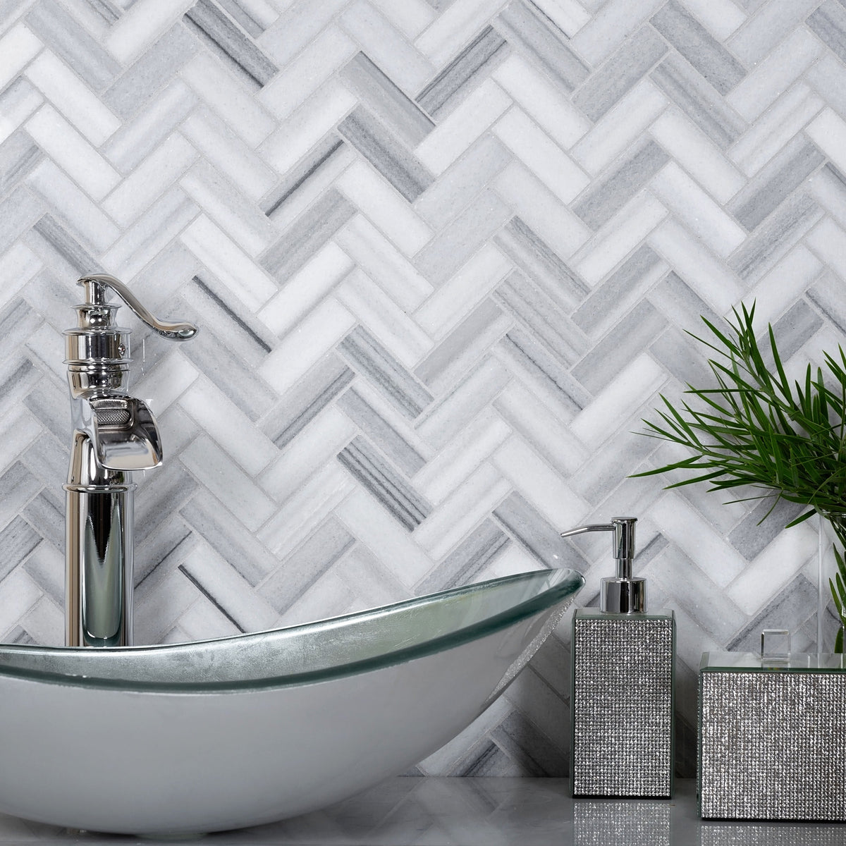 Apollo Tile (Sample) Gray 4-in x 4-in Polished Glass/Metal/Stone Marble Herringbone Floor and Wall Tile
