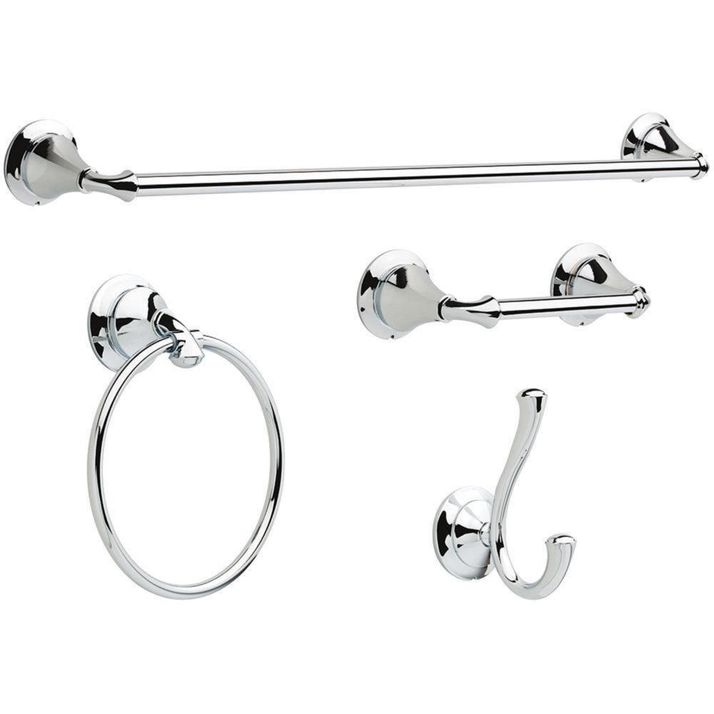 DELTA Linden 4-Piece Decorative Bathroom Hardware Set, Polished Chrome – 24 in. Towel Bar, Pivoting Toilet Paper Holder, Towel Ring & Double Robe Hook