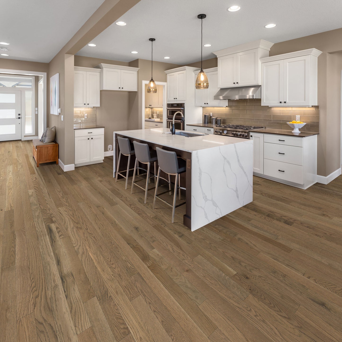 allen + roth Oak Aged Lodge hardwood flooring — color and finish detail