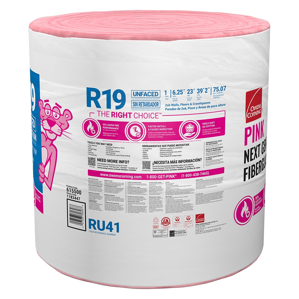 Owens Corning Eco Touch R-19 Unfaced Fiberglass Insulation Roll, 23 in W x 39 ft L, 75.07 sq ft Coverage