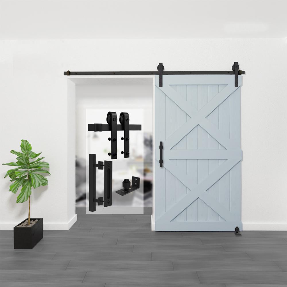 8 ft./96 in. Black Steel Bent Strap Sliding Barn Door Track and Hardware Kit with 12 in. Square Handle and Floor Guide - Super Arbor